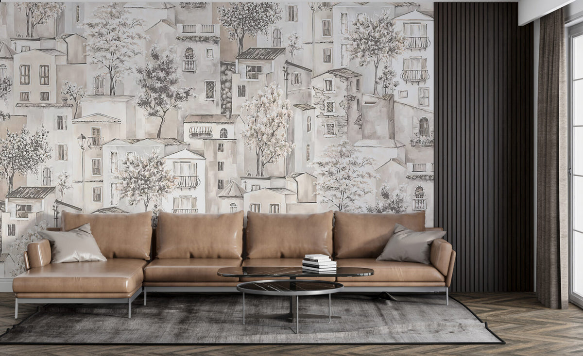 Village Houses Wallpaper : Beige Sketch Town and Trees Mural - View 2