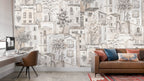 Village Houses Wallpaper : Beige Sketch Town and Trees Mural - View 3