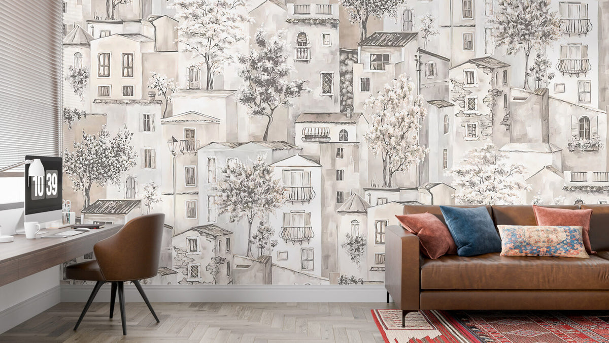 Village Houses Wallpaper : Beige Sketch Town and Trees Mural - View 3
