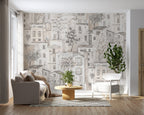 Village Houses Wallpaper : Beige Sketch Town and Trees Mural - View 4