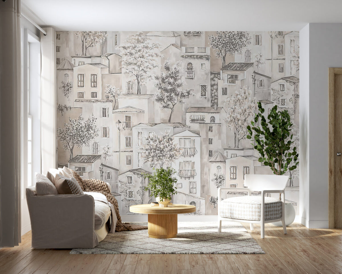 Village Houses Wallpaper : Beige Sketch Town and Trees Mural - View 4