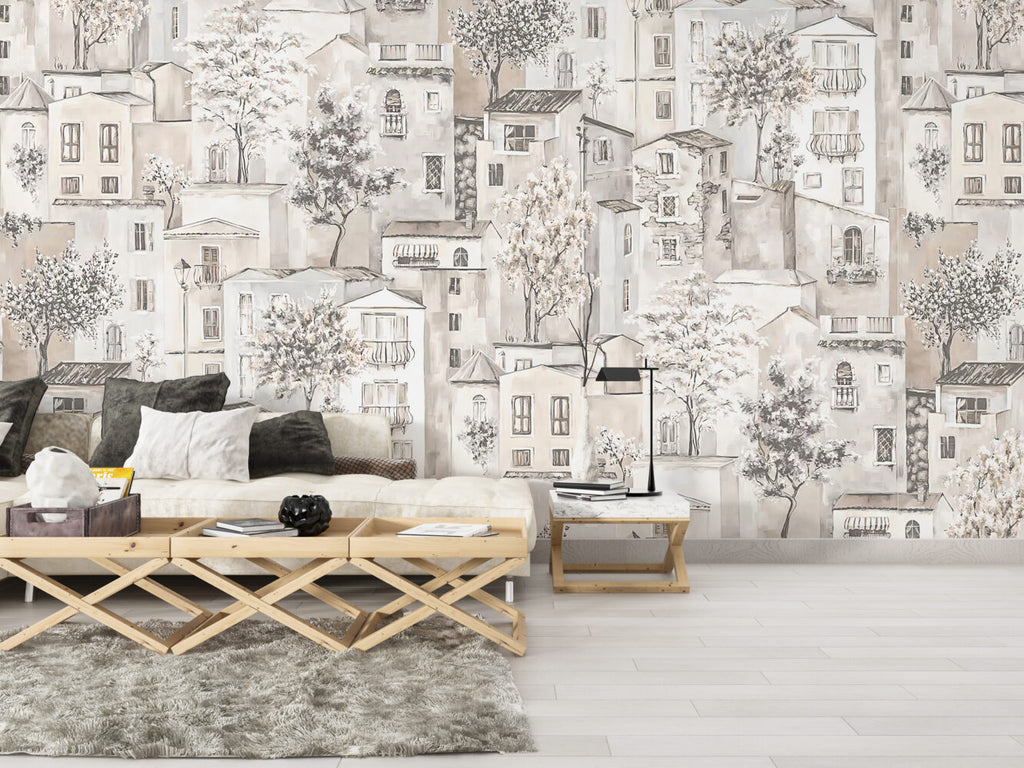 Village Houses Wallpaper : Beige Sketch Town and Trees Mural