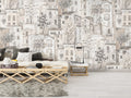 Village Houses Wallpaper : Beige Sketch Town and Trees Mural
