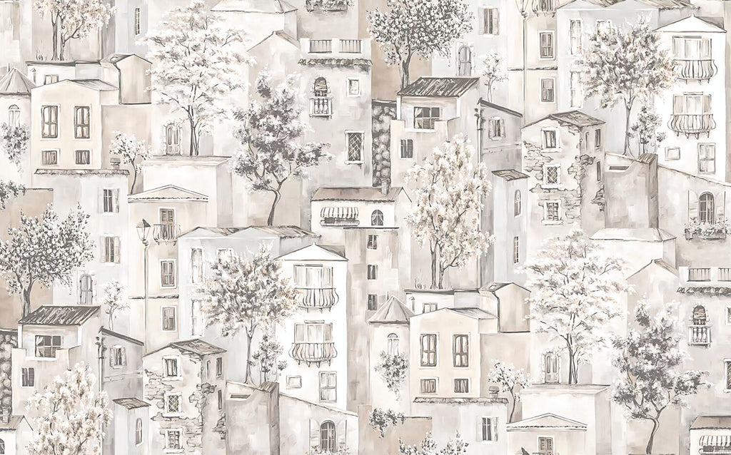 Village Houses Wallpaper : Beige Sketch Town and Trees Mural - flat design
