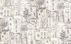 Village Houses Wallpaper : Beige Sketch Town and Trees Mural - flat design