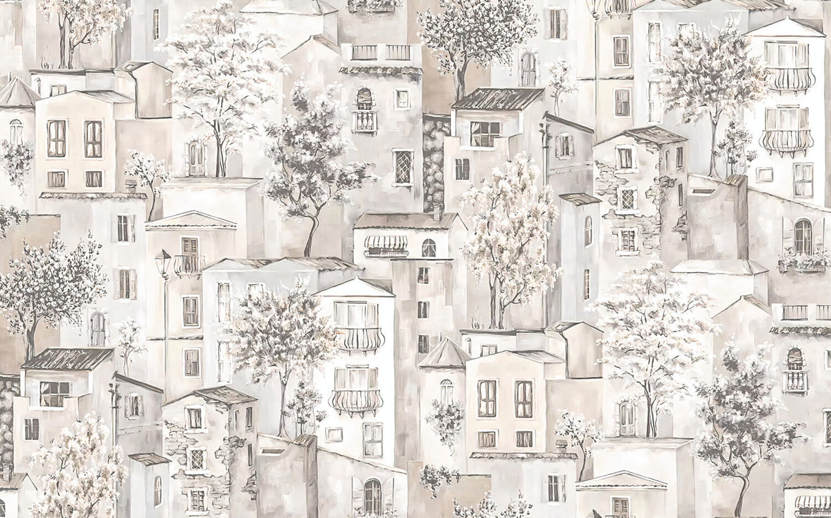 Village Houses Wallpaper : Beige Sketch Town and Trees Mural - flat design