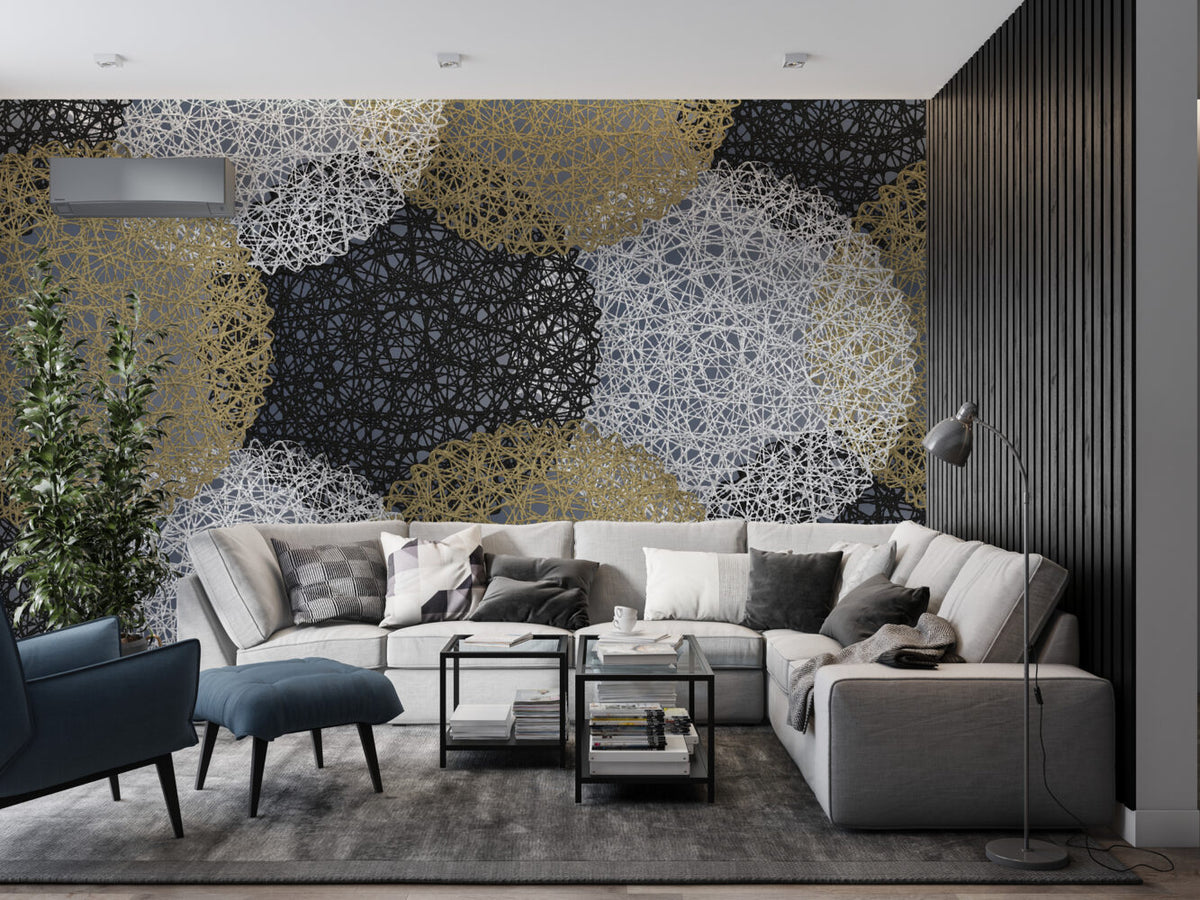 Lace Web Wallpaper : Abstract Gold and Silver Circles Mural - View 3