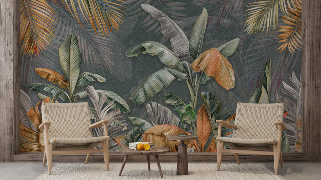Orange and Green Banana Tree Wallpaper : Tropical Leaves Mural - View 2