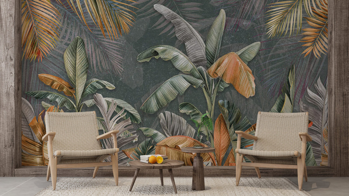Orange and Green Banana Tree Wallpaper : Tropical Leaves Mural - View 2