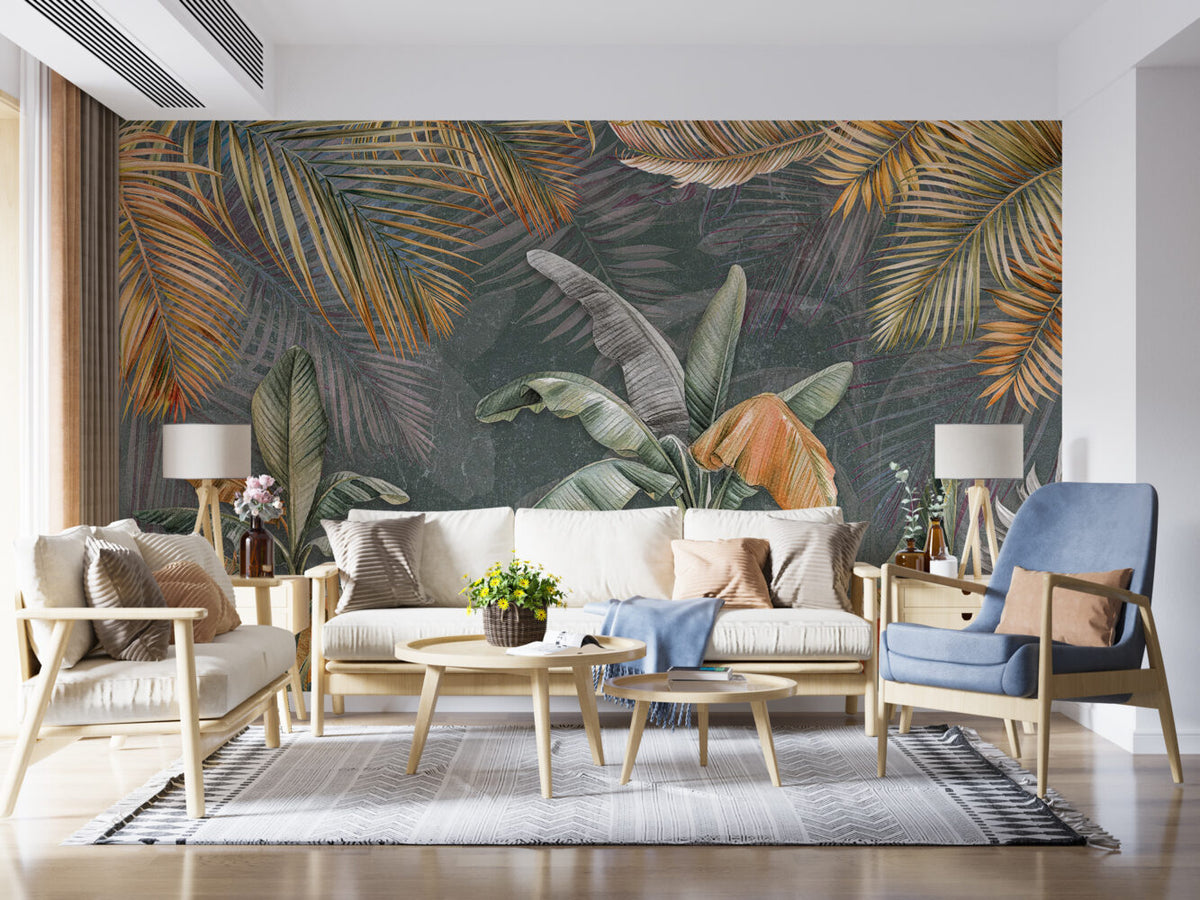 Orange and Green Banana Tree Wallpaper : Tropical Leaves Mural - View 3