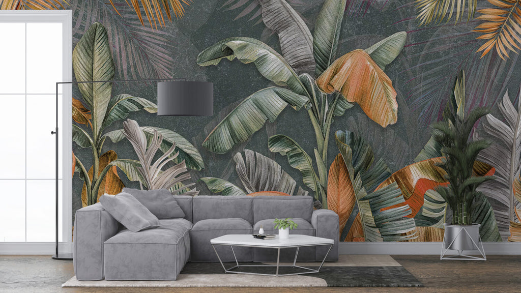 Orange and Green Banana Tree Wallpaper : Tropical Leaves Mural - View 4