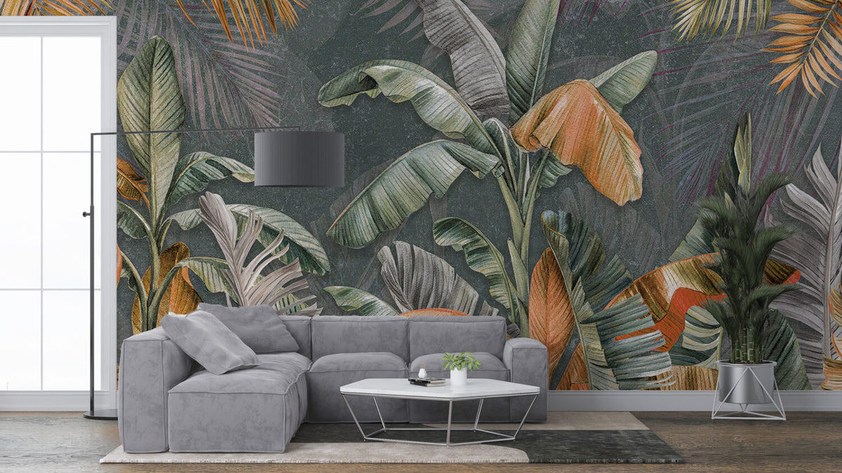 Orange and Green Banana Tree Wallpaper : Tropical Leaves Mural - View 4