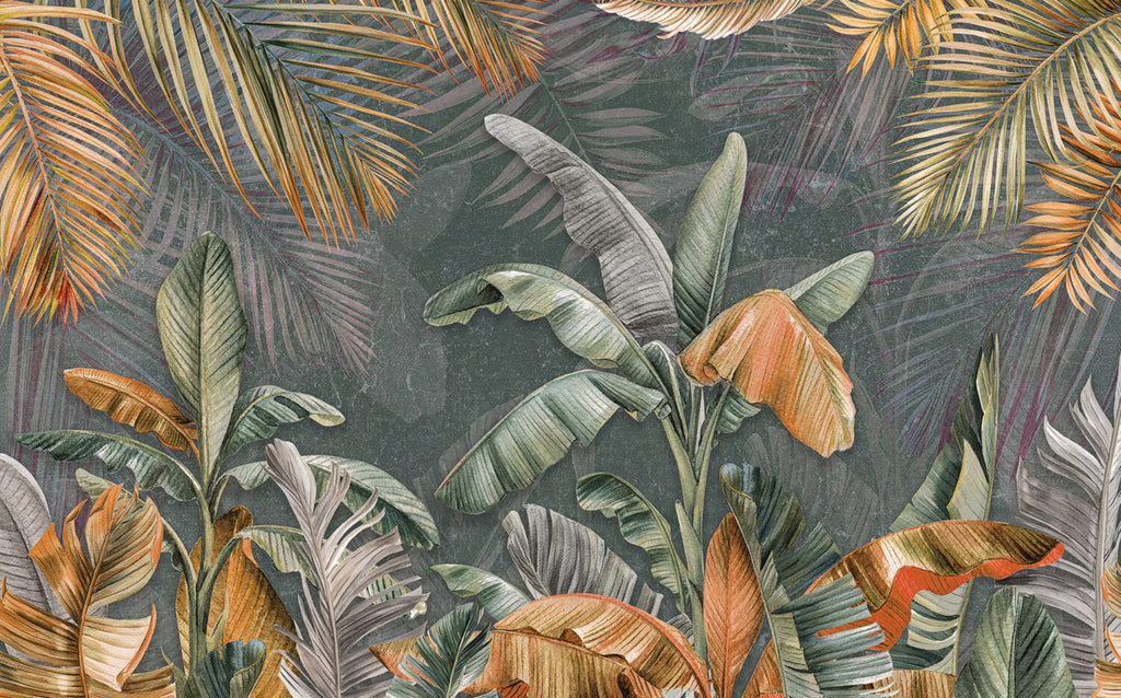Orange and Green Banana Tree Wallpaper : Tropical Leaves Mural - flat design