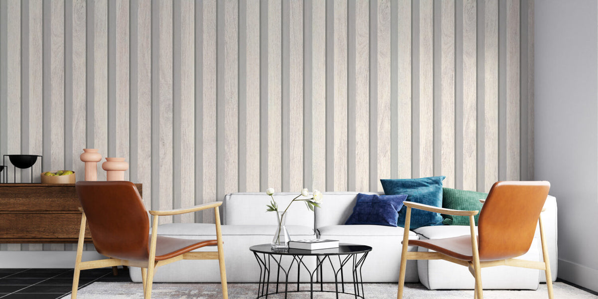 Wood Slat Wallpaper : White Wooden Panel Effect Mural - View 2