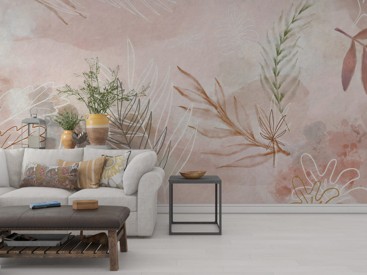 Blush Leaf Wallpaper : Soft Pink Botanical Line Art Mural
