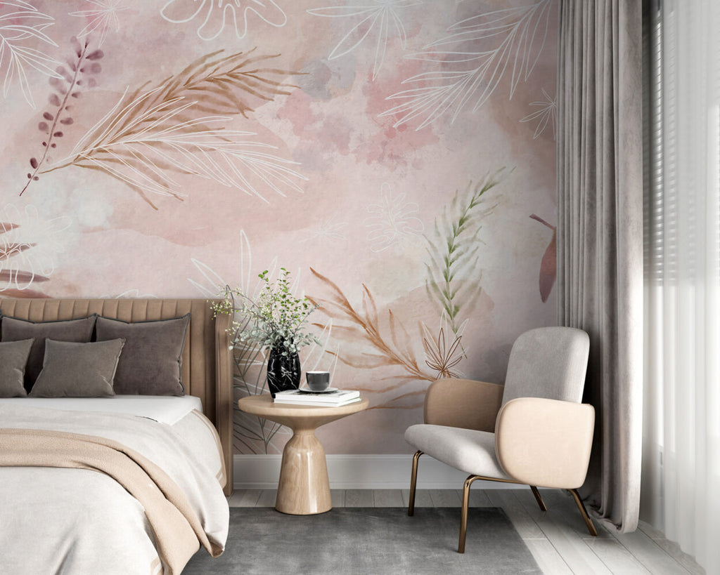 Blush Leaf Wallpaper : Soft Pink Botanical Line Art Mural - View 2