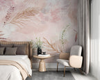 Blush Leaf Wallpaper : Soft Pink Botanical Line Art Mural - View 2