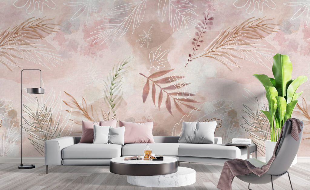 Blush Leaf Wallpaper : Soft Pink Botanical Line Art Mural - View 3
