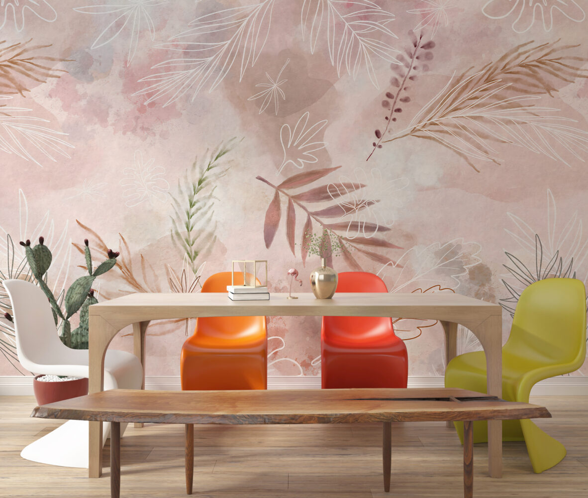 Blush Leaf Wallpaper : Soft Pink Botanical Line Art Mural - View 4