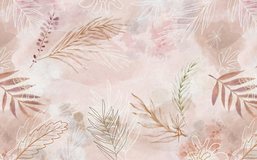 Blush Leaf Wallpaper : Soft Pink Botanical Line Art Mural - flat design