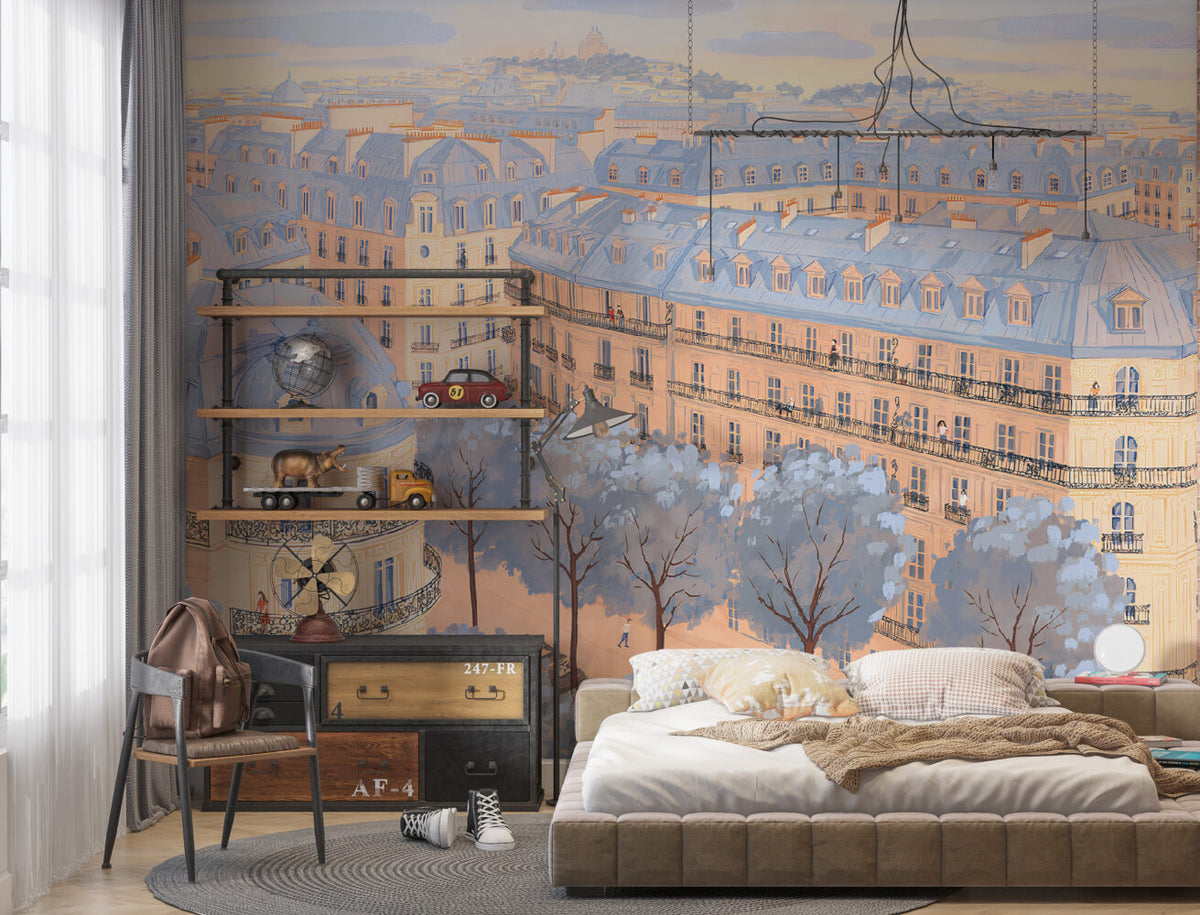 Paris Street Wallpaper : Pastel Haussmann Rooftops Mural - View 2