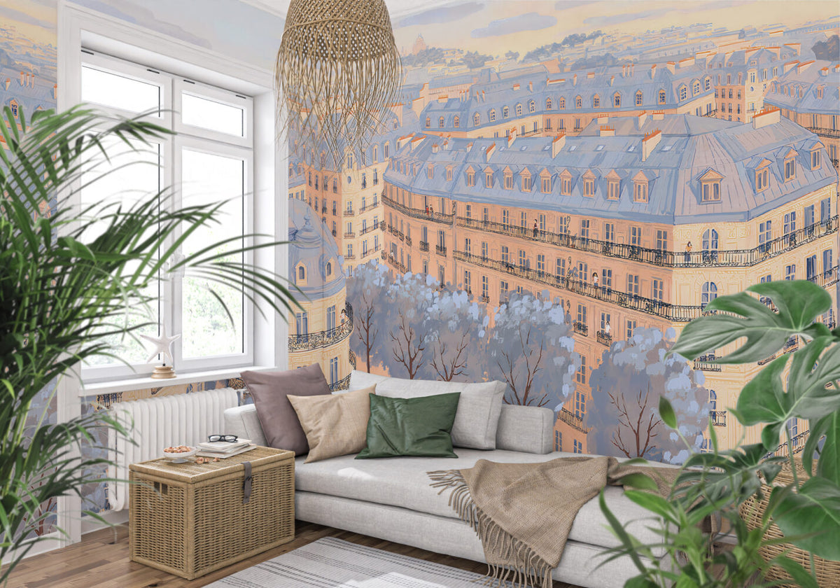 Paris Street Wallpaper : Pastel Haussmann Rooftops Mural - View 3