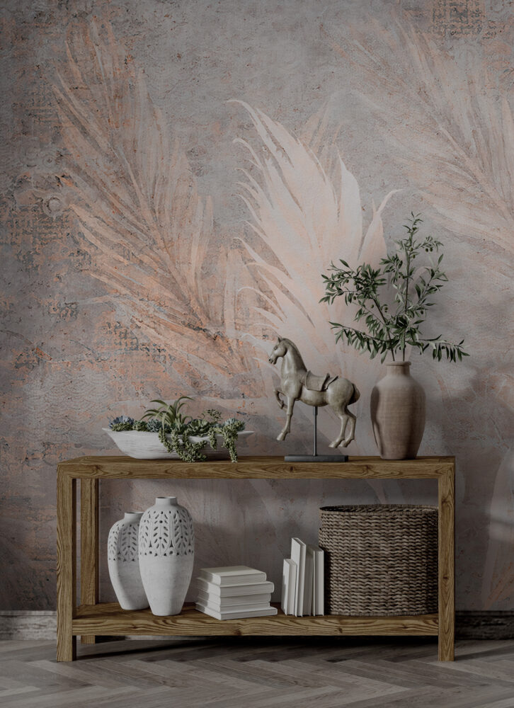 Blush Pampas Leaves Wallpaper : Distressed Beige Plaster Mural - View 4