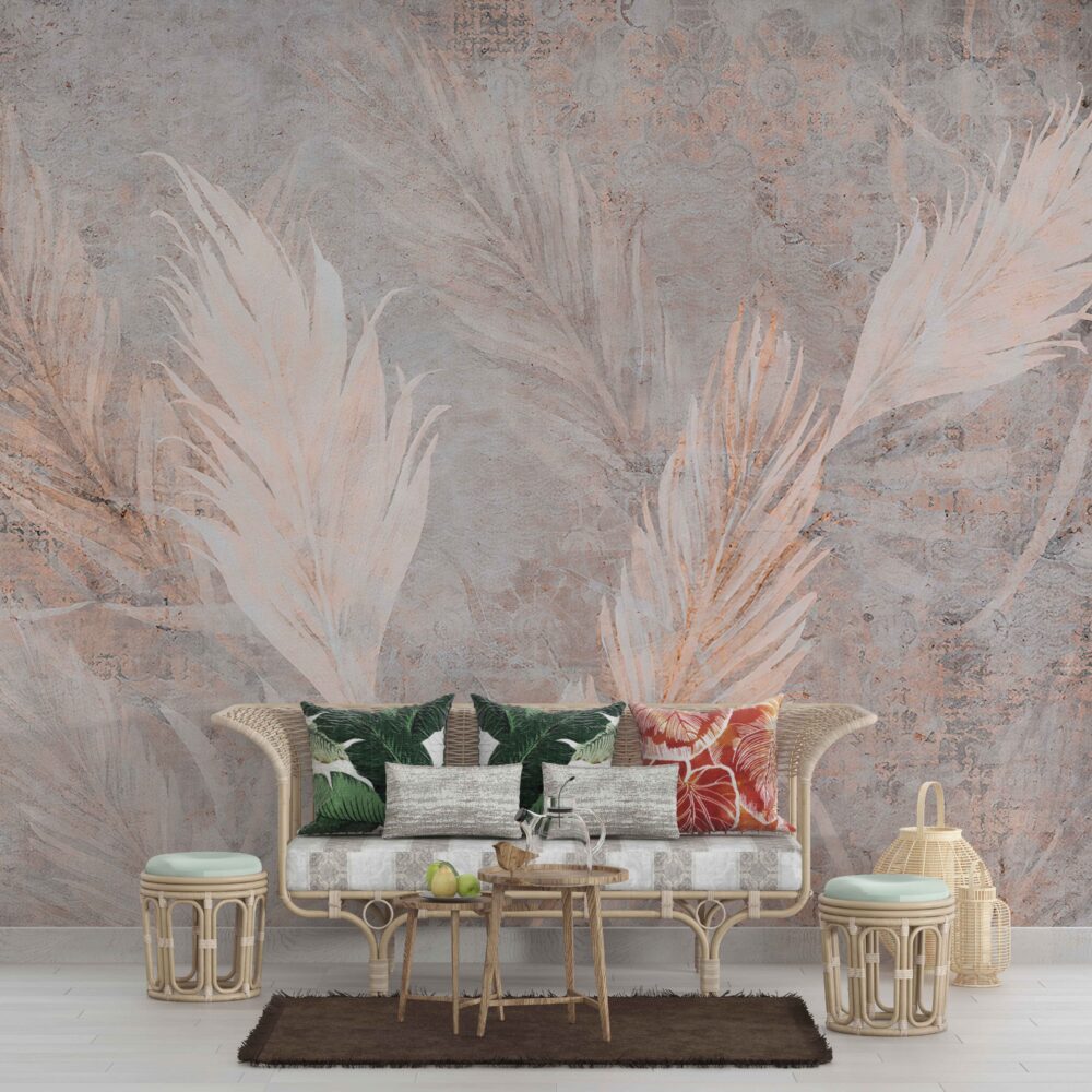 Blush Pampas Leaves Wallpaper : Distressed Beige Plaster Mural - View 5