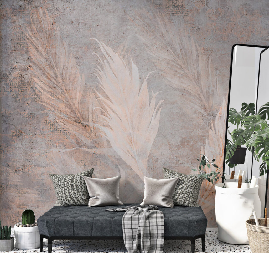 Blush Pampas Leaves Wallpaper : Distressed Beige Plaster Mural - View 3