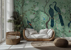 Green Peacock Chinoiserie Wallpaper : Birds on Blossom Branches Mural - View 2