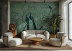 Green Peacock Chinoiserie Wallpaper : Birds on Blossom Branches Mural - View 4