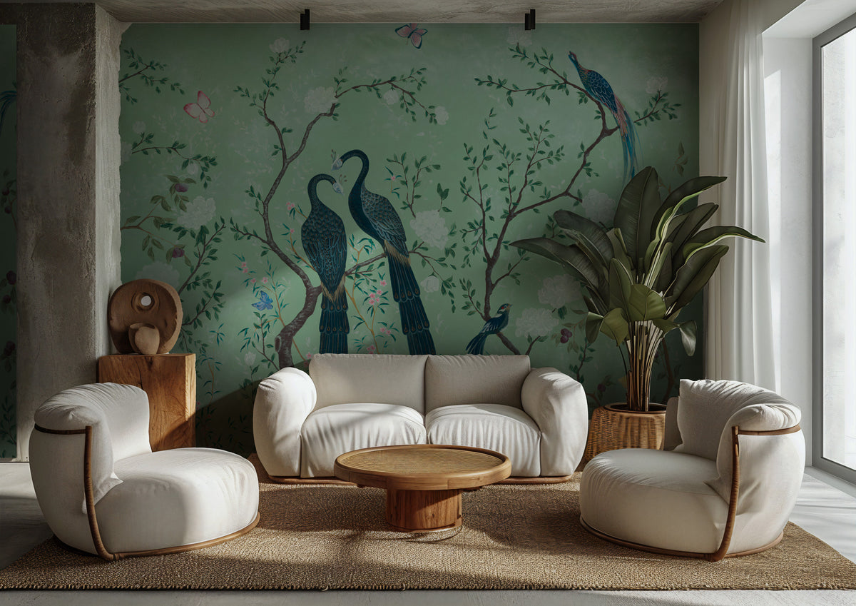 Green Peacock Chinoiserie Wallpaper : Birds on Blossom Branches Mural - View 4