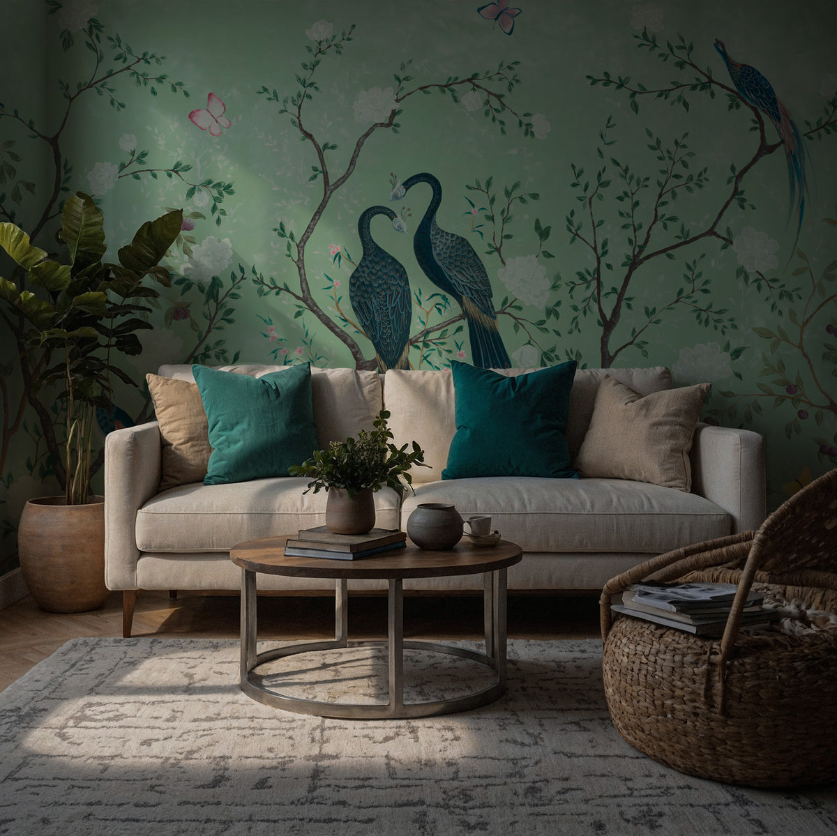 Green Peacock Chinoiserie Wallpaper : Birds on Blossom Branches Mural - View 3
