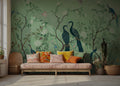 Green Peacock Chinoiserie Wallpaper : Birds on Blossom Branches Mural