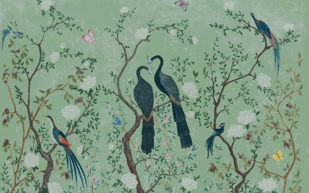 Green Peacock Chinoiserie Wallpaper : Birds on Blossom Branches Mural - flat design
