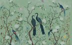 Green Peacock Chinoiserie Wallpaper : Birds on Blossom Branches Mural - flat design