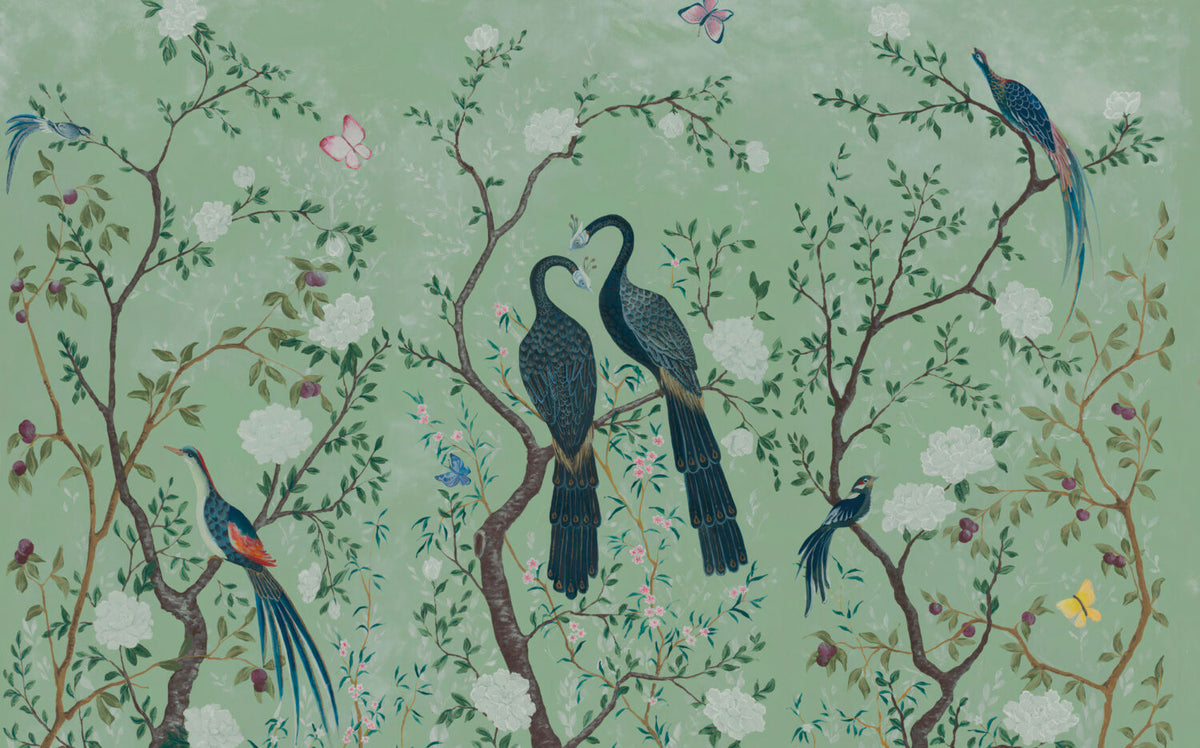 Green Peacock Chinoiserie Wallpaper : Birds on Blossom Branches Mural - flat design
