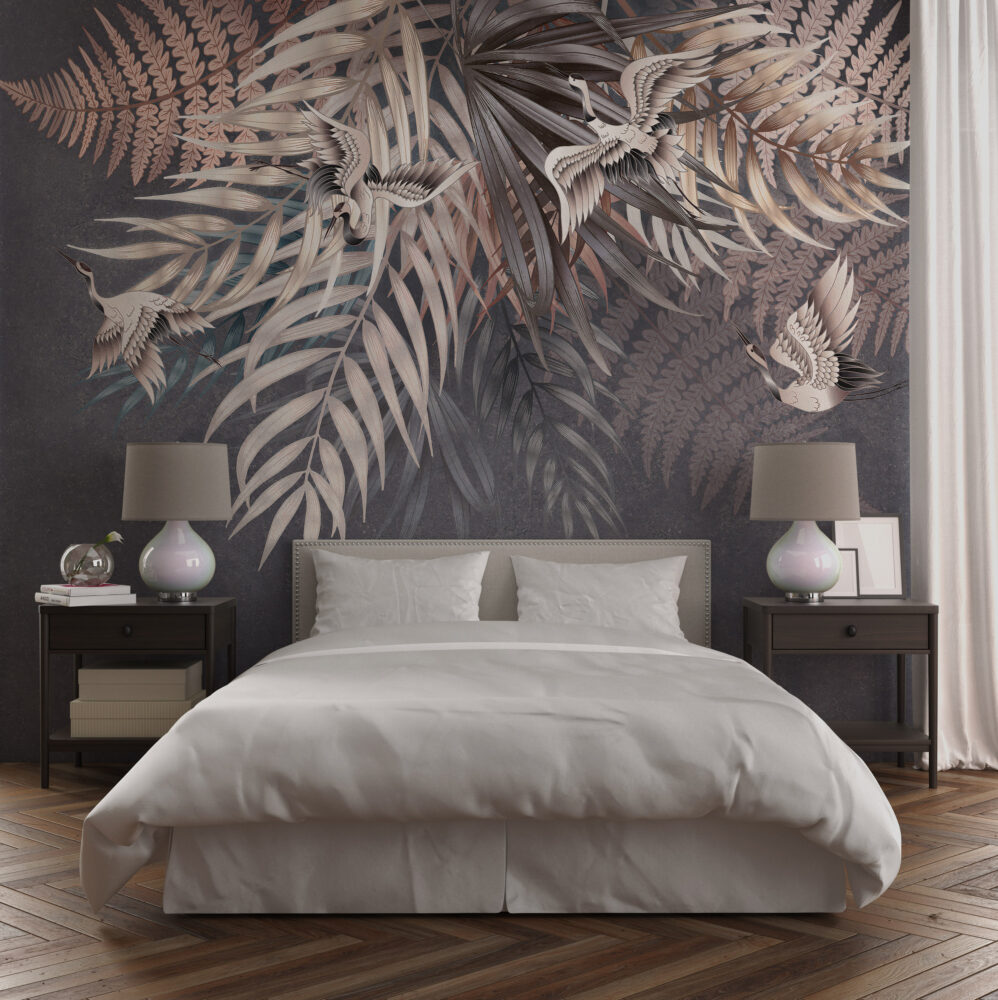 Hanging Palm Leaf Wallpaper : Grey and Beige Tropical Mural - View 5