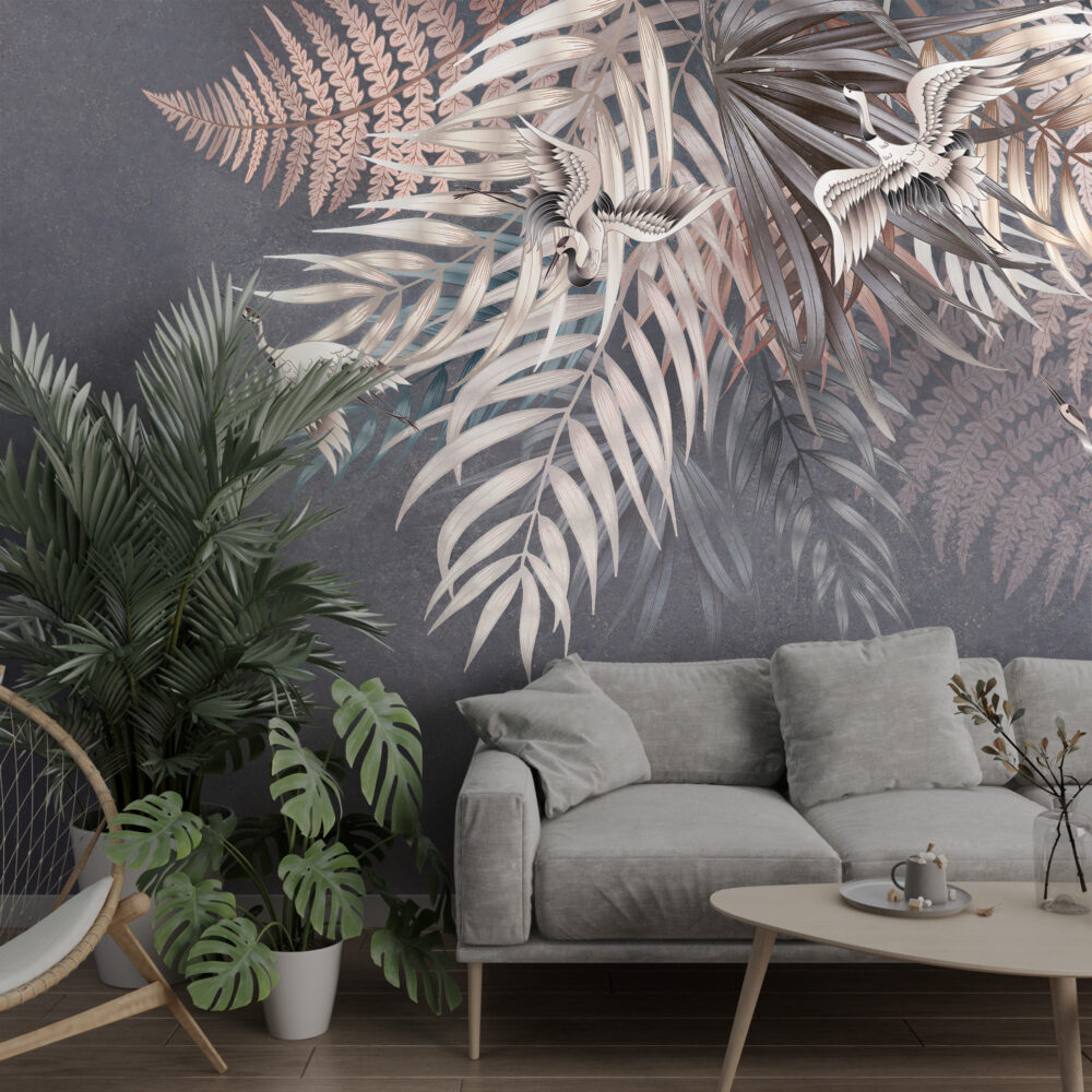 Hanging Palm Leaf Wallpaper : Grey and Beige Tropical Mural - View 4