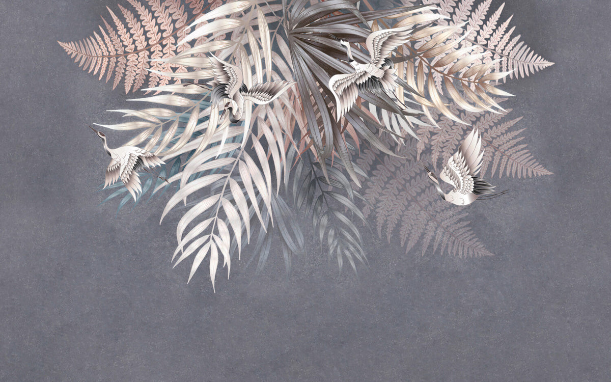 Hanging Palm Leaf Wallpaper : Grey and Beige Tropical Mural - View 2