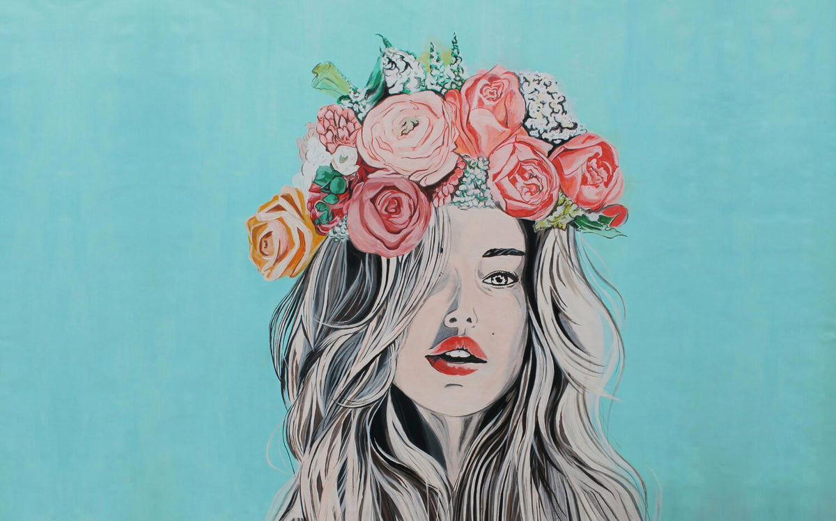 Flower Crown Girl Wallpaper : Pop Art Portrait Mural - flat design