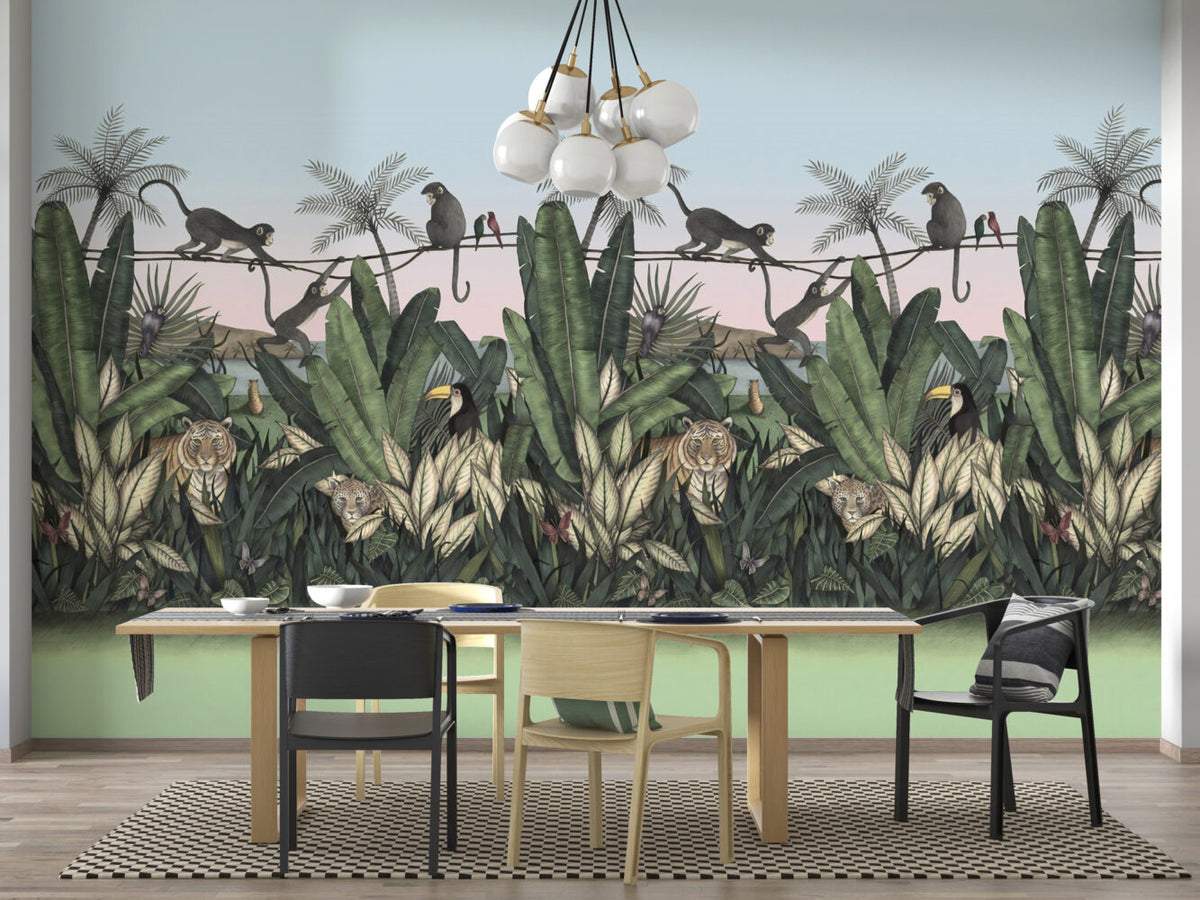Jungle Tiger Wallpaper : Tropical Leaves Wildlife Mural - View 3