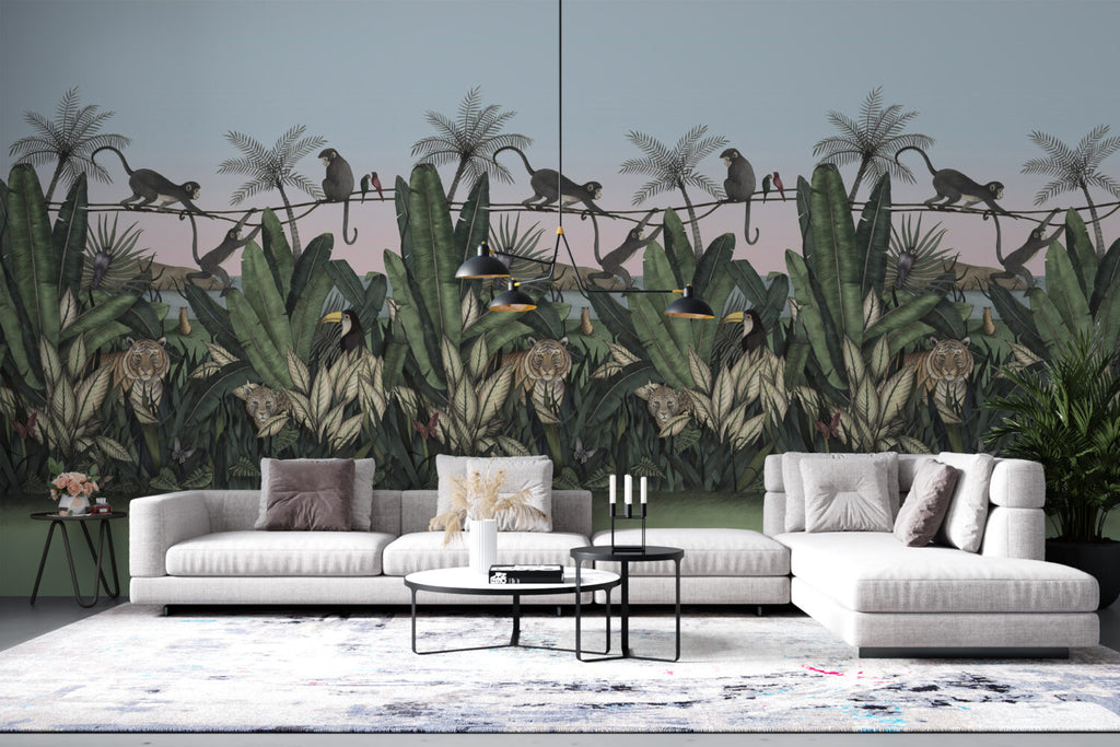 Jungle Tiger Wallpaper : Tropical Leaves Wildlife Mural - View 4