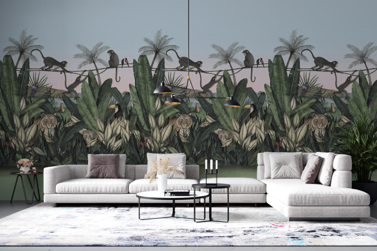 Jungle Tiger Wallpaper : Tropical Leaves Wildlife Mural - View 4