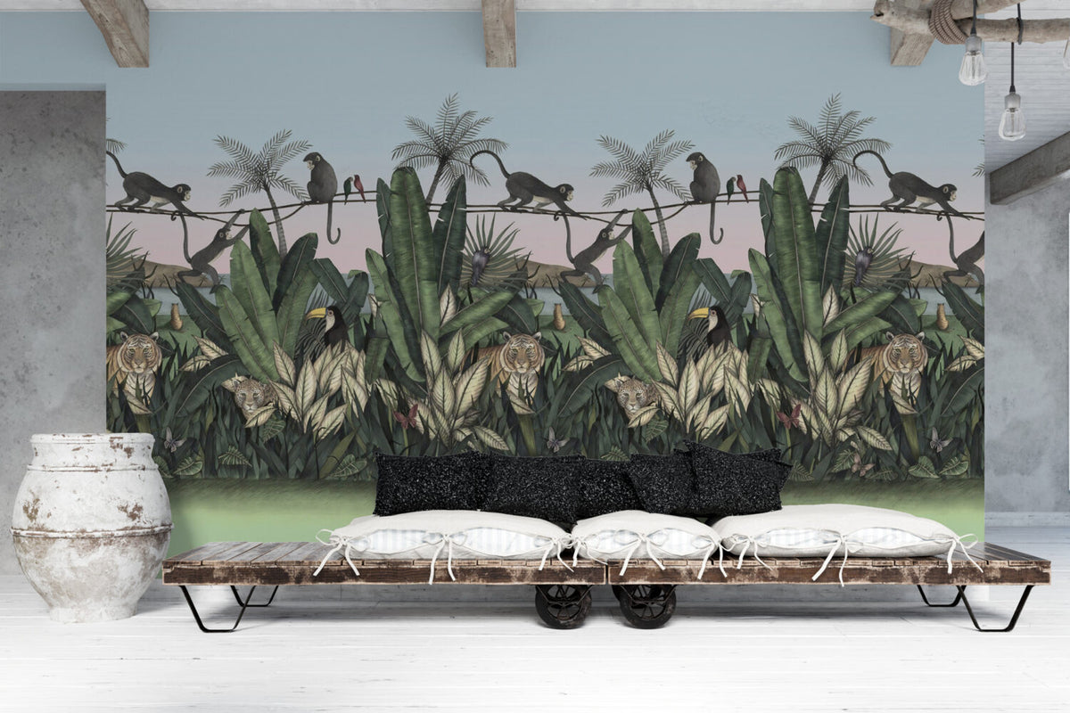 Jungle Tiger Wallpaper : Tropical Leaves Wildlife Mural