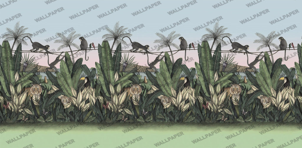 Jungle Tiger Wallpaper : Tropical Leaves Wildlife Mural - View 2