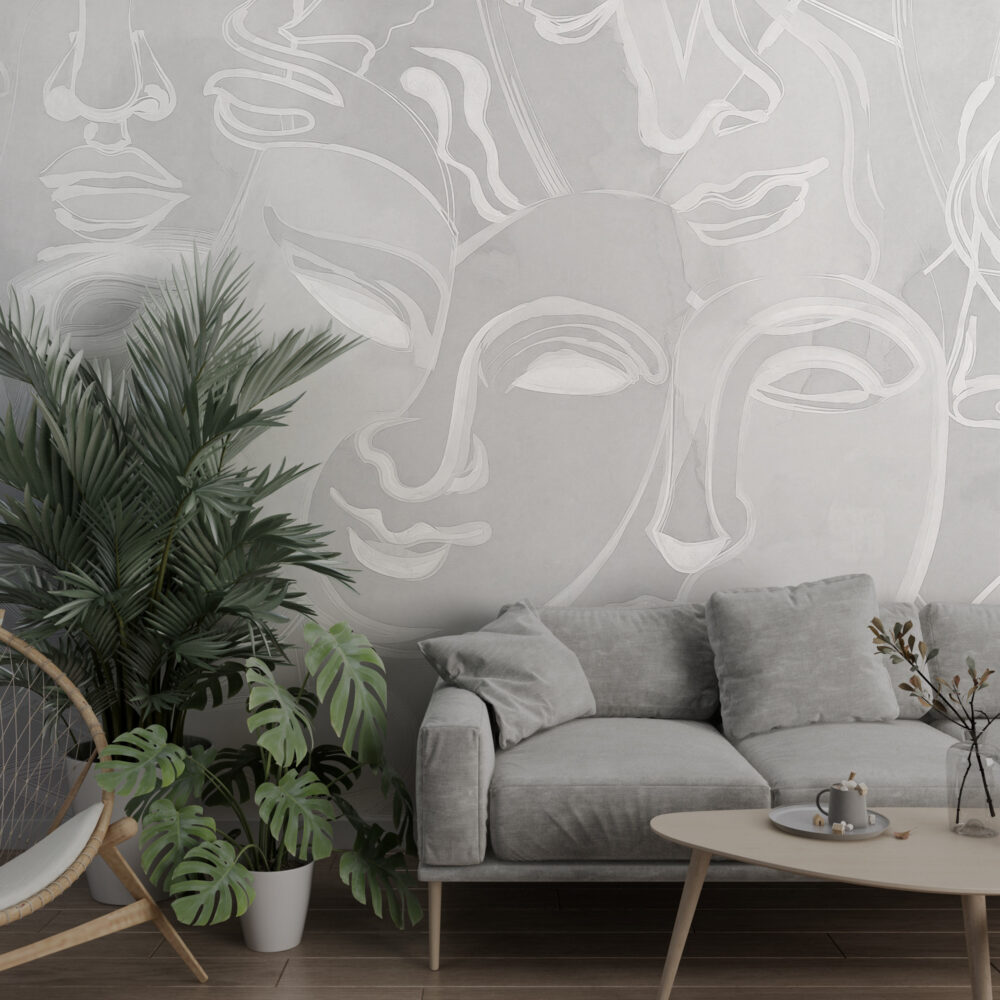 Grey Silhouette Face Wallpaper : Line Art Woman Portrait Mural - View 3