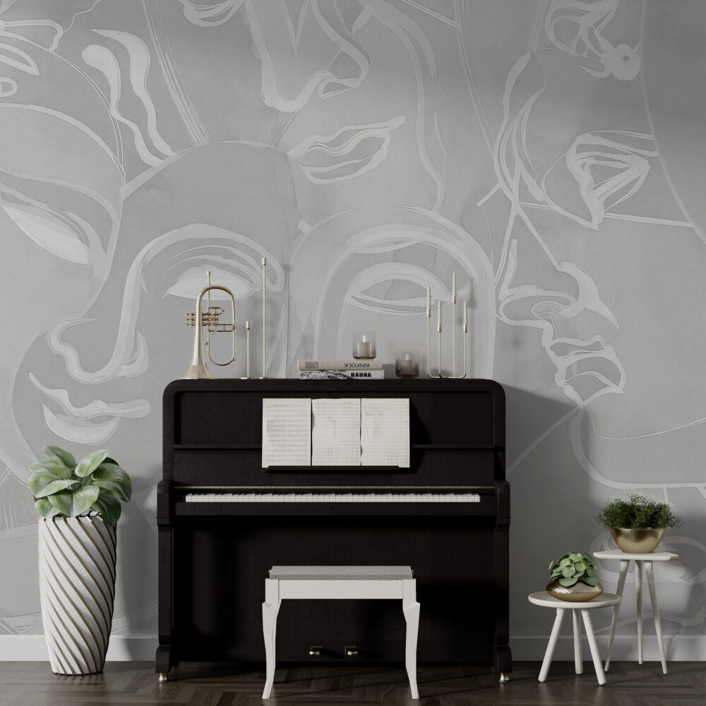 Grey Silhouette Face Wallpaper : Line Art Woman Portrait Mural - View 4