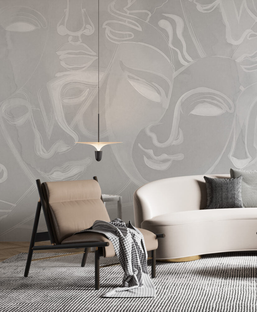 Grey Silhouette Face Wallpaper : Line Art Woman Portrait Mural - View 5