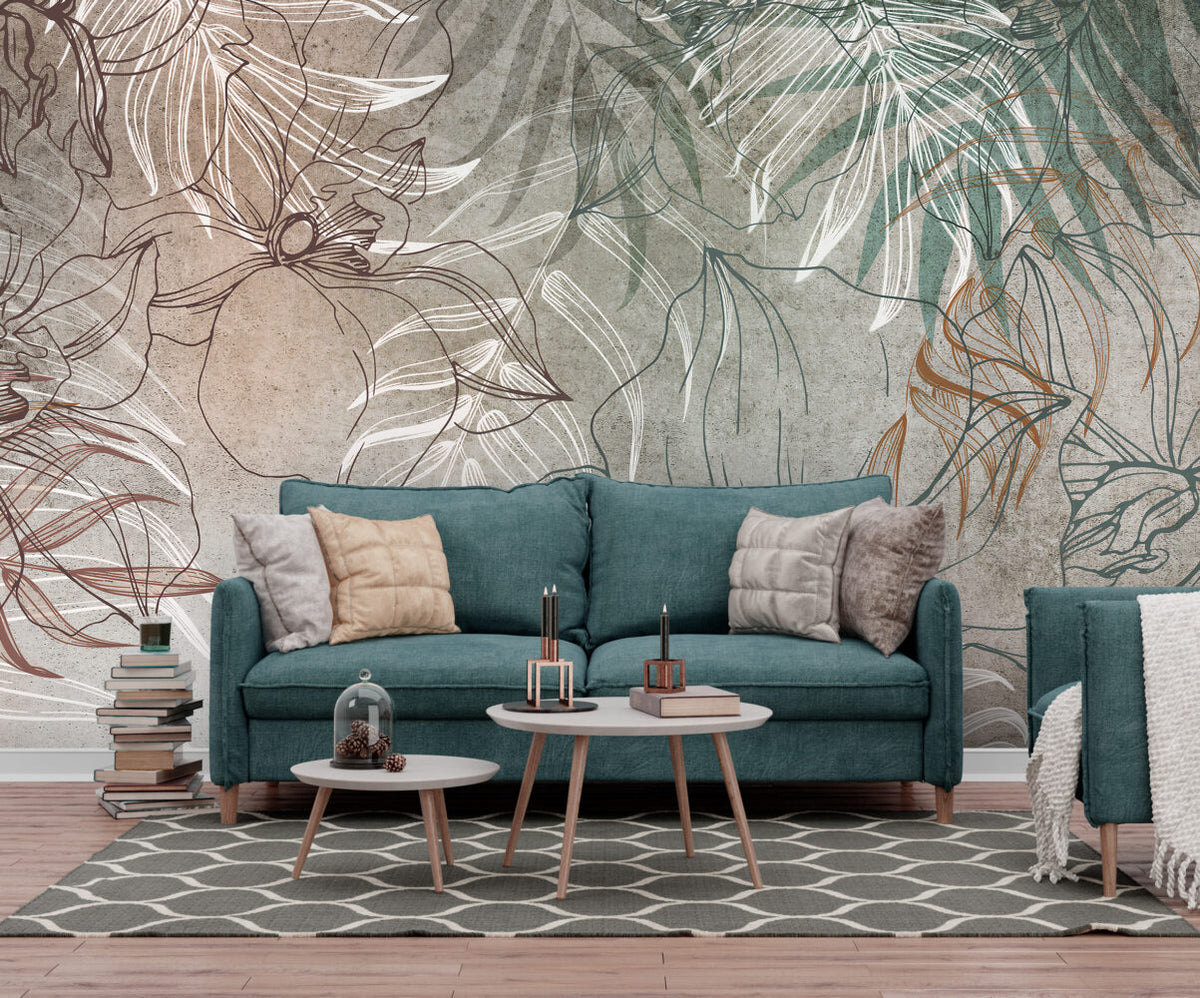 Orchid Shadow Leaves Wallpaper : Concrete Line Palm Mural - View 2